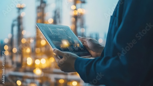 A person is holding a tablet in front of a large industrial plant