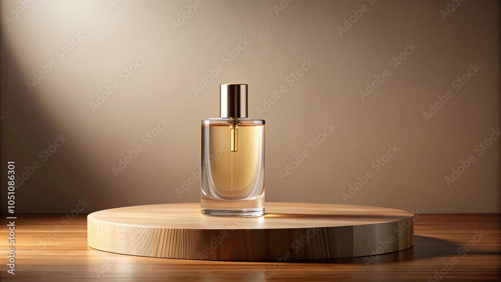 A single glass bottle with a golden cap and amber liquid rests on a round wooden platform, illuminating the soft light reflecting from the wall behind it. A single glass bottle with a golden cap and amber liquid rests on a round wooden platform, illuminating the soft light reflecting from the wall behind it.