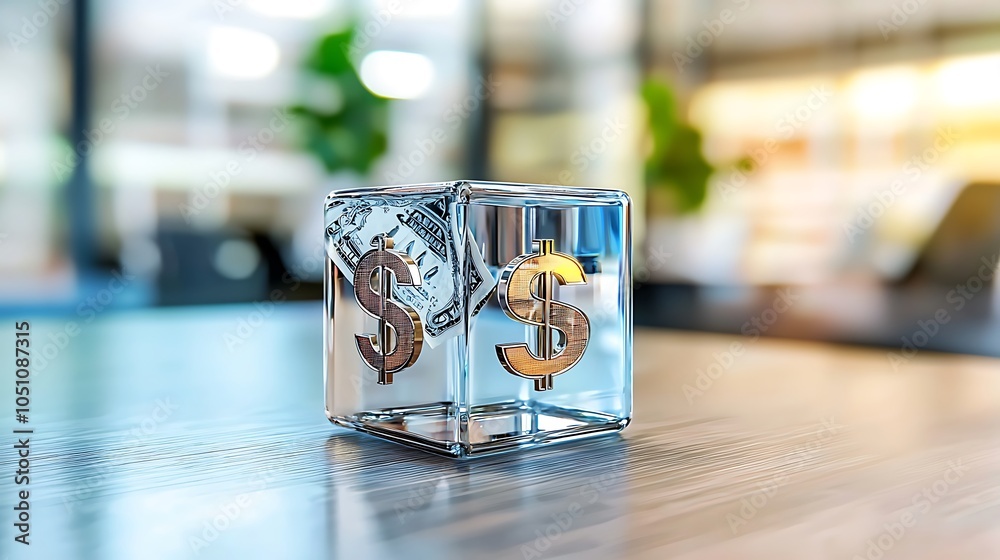 Transparent Cube with Finance Symbols Concept
