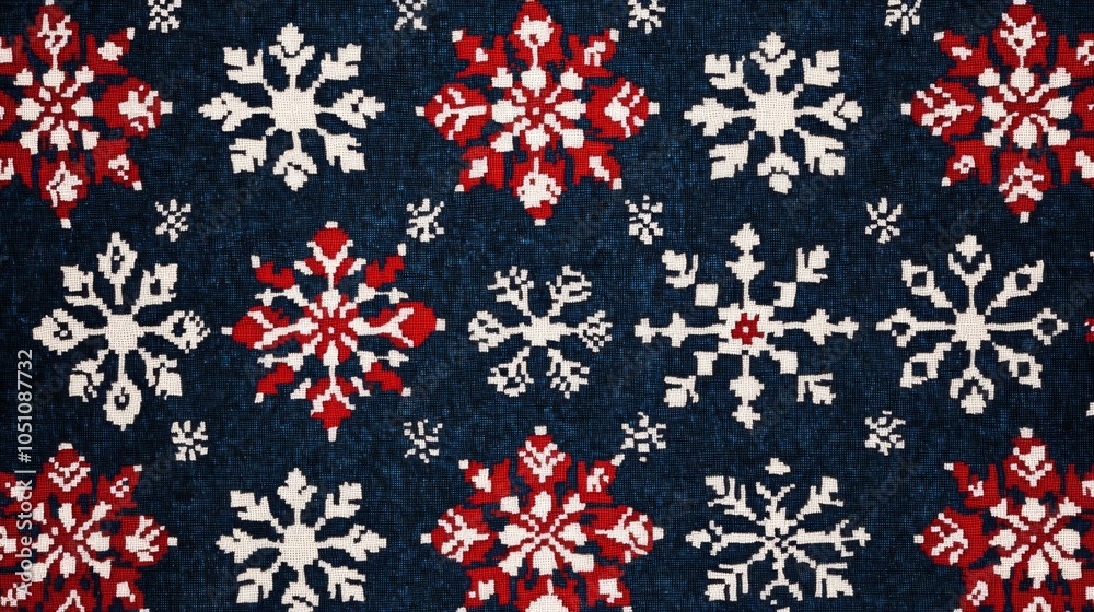 Blue Textile with Red and White Snowflake Pattern Blue Textile with Red and White Snowflake Pattern