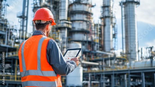 A man in an orange safety vest is looking at a tablet while standing in front of