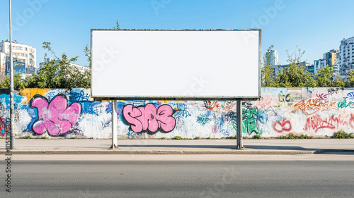 Empty billboard stands prominently against vibrant graffiti covered wall, showcasing urban art and creativity. clear blue sky adds to lively atmosphere of this city scene
