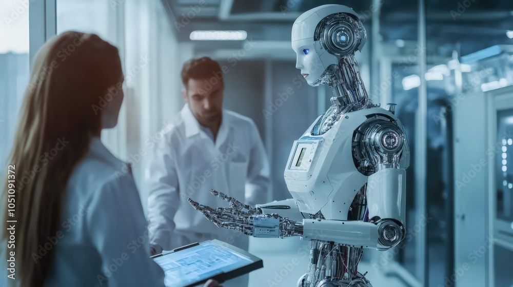 A robot is standing in front of a woman and a man A robot is standing in front of a woman and a man