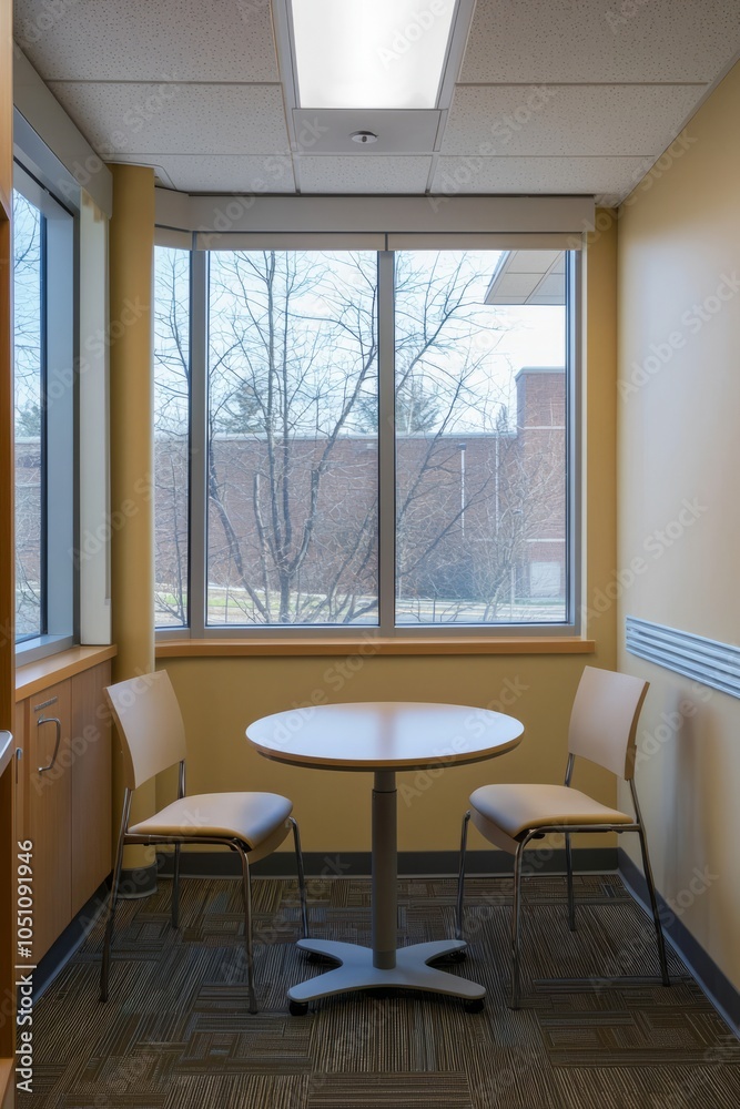Fototapeta premium A study room with a small round table and two chairs. This setup invites group study sessions or quiet discussions