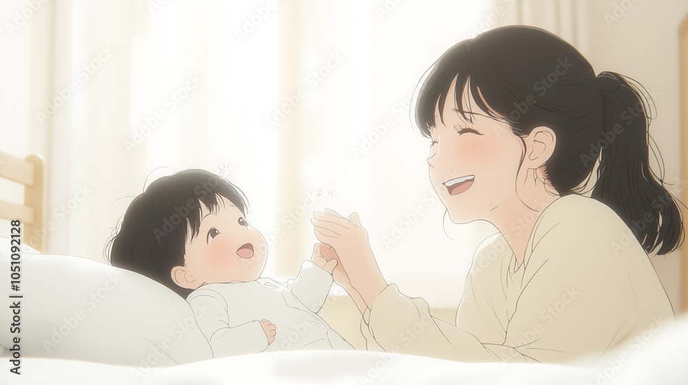 Mother's Gentle Love: A heartwarming illustration of a mother and her baby sharing a tender moment, filled with warmth and affection. Mother's Gentle Love: A heartwarming illustration of a mother and her baby sharing a tender moment, filled with warmth and affection.