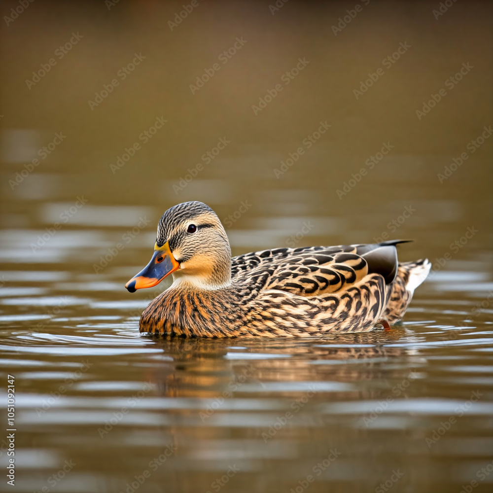 Fototapeta premium A female mallard duck, with its distinctive brown and mottled feathers, swims gracefully on a calm body of water