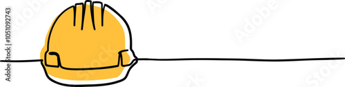 Single line art yellow Construction helmet.  Worker Safety equipment tools concept. Hard hat Continuous one line drawing. Vector illustration.