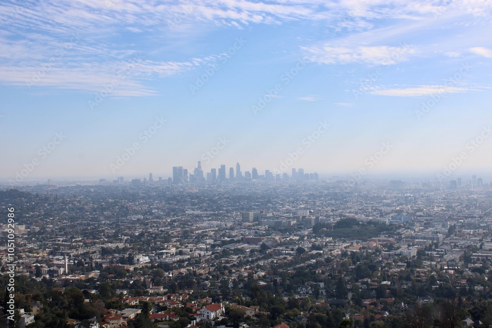 Fototapeta premium Aerial View of Los Angeles Cityscape Under Hazy Skies