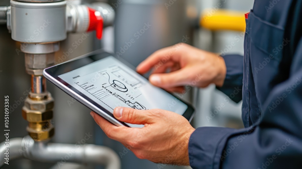 A man is holding a tablet and looking at a drawing of a pipe