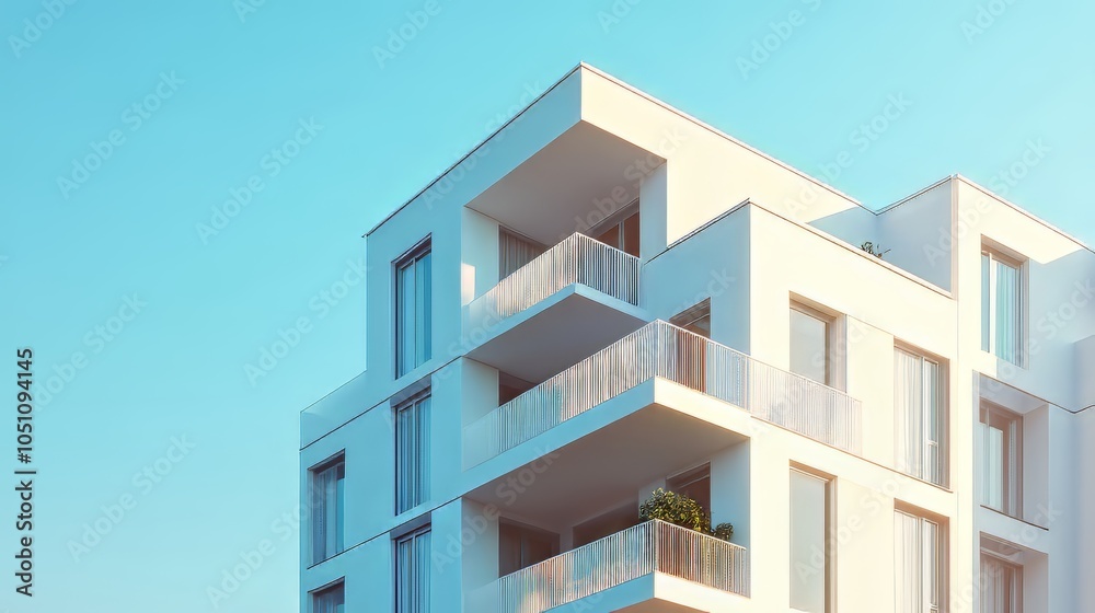 Corner of white building against clear blue sky. architecture modern. Ultra realistic. Photorealistic Corner of white building against clear blue sky. architecture modern. Ultra realistic. Photorealistic