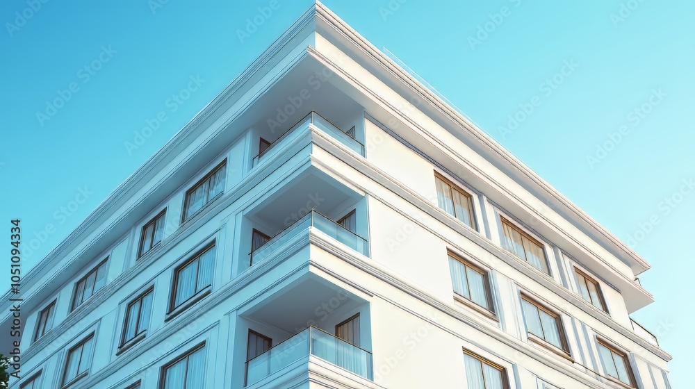 Corner of white building against clear blue sky. architecture modern. Ultra realistic. Photorealistic Corner of white building against clear blue sky. architecture modern. Ultra realistic. Photorealistic