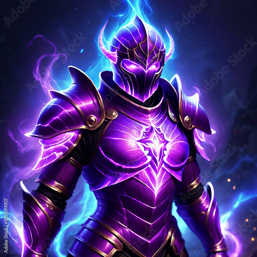 A knight clad in glowing purple armor with golden accents is engulfed in blue flames. The helmet obscures the knights face but hints at fiery energy. The knight stands against a dark background, givin photo