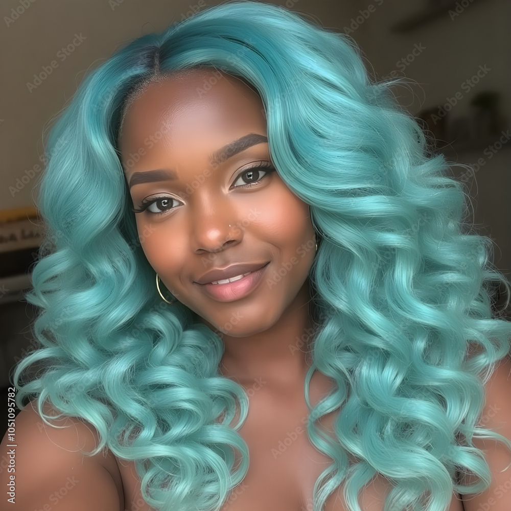 Una mujer joven afroamericana, con el pelo de un hermoso azul