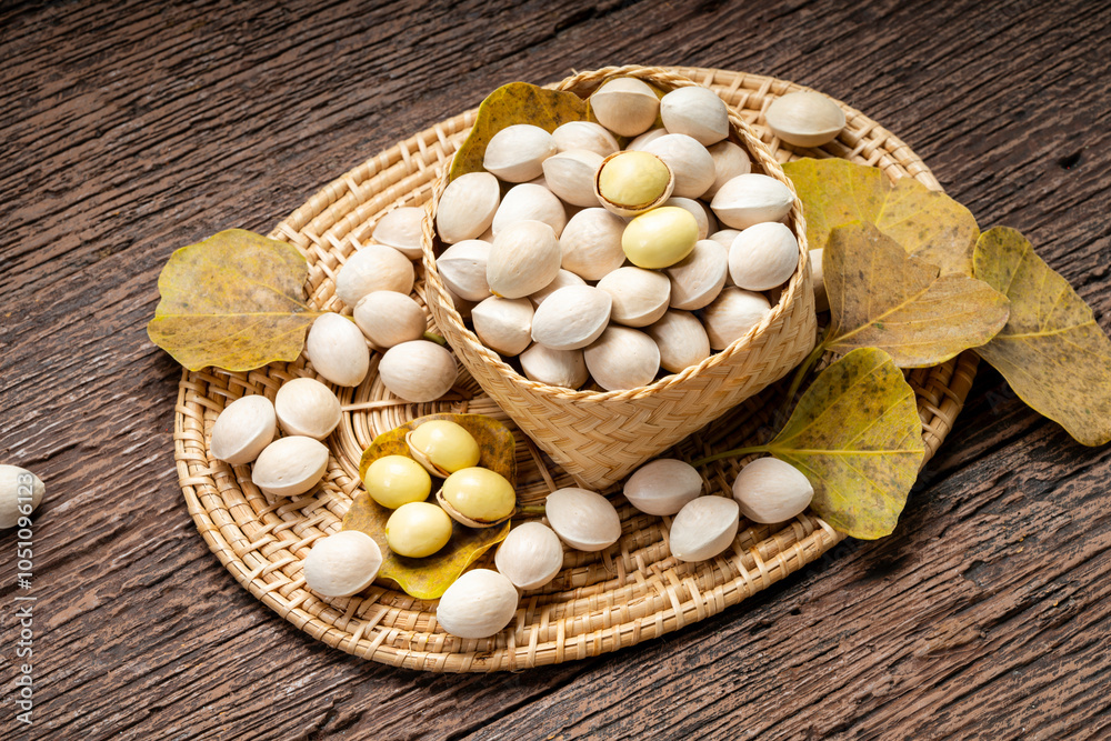 Fresh Ginkgo in wooden bowl on wooden background, Ginkgo seeds in wooden basket on wooden table. Fresh Ginkgo in wooden bowl on wooden background, Ginkgo seeds in wooden basket on wooden table.