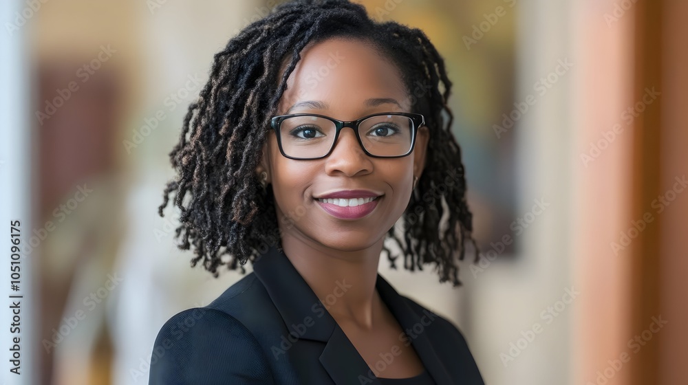 Confident and Successful African American Woman Wearing Glasses and Business Suit,Smiling and Posing for Portrait in a Professional Office or Corporate Setting Confident and Successful African American Woman Wearing Glasses and Business Suit,Smiling and Posing for Portrait in a Professional Office or Corporate Setting