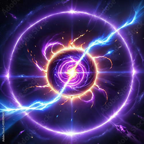 Wallpaper Mural A glowing orb with swirling energy at its center, surrounded by a ring of vibrant purple light. Blue energy streaks through the center, creating a dynamic display against a dark starry background. Torontodigital.ca