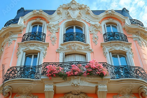 A peach-colored building facade with decorative balconies adorned with vibrant pink flowers. photo