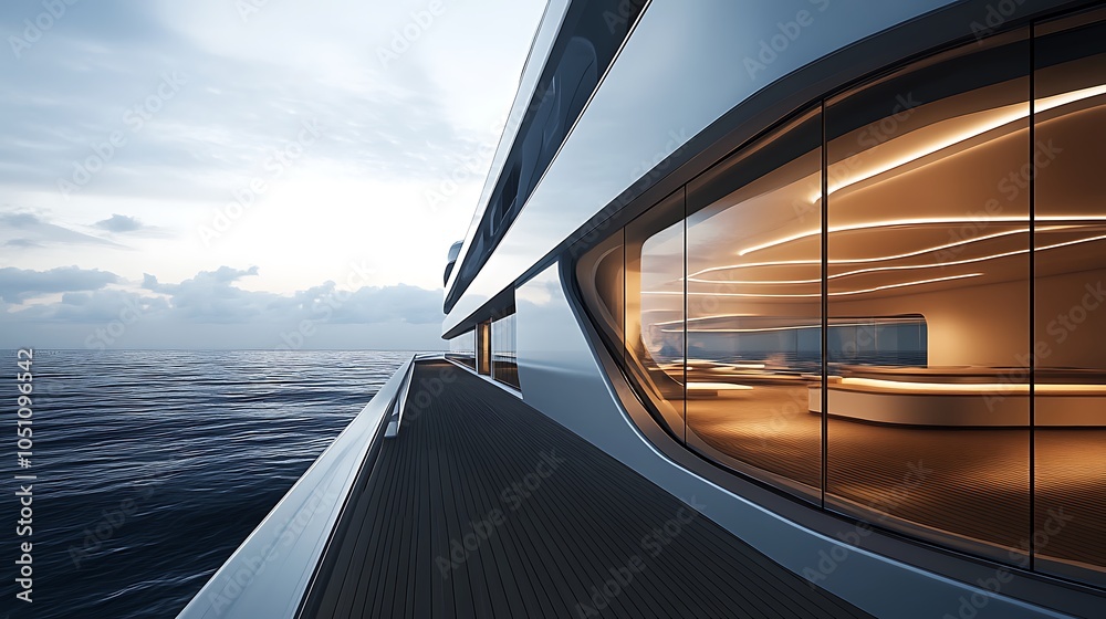 Fototapeta premium Modern yacht exterior with sleek design and ocean view at sunset.
