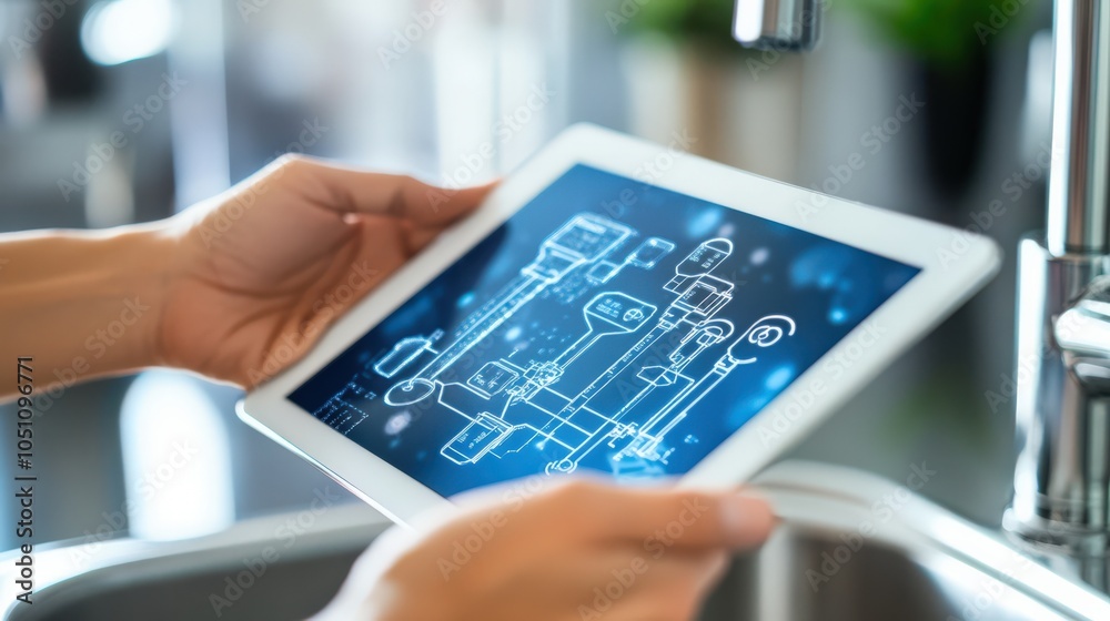 A person is holding a tablet with a blue screen that has a diagram of a system A person is holding a tablet with a blue screen that has a diagram of a system