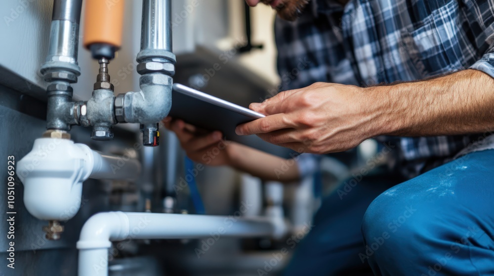 A man is looking at a tablet while working on a pipe A man is looking at a tablet while working on a pipe