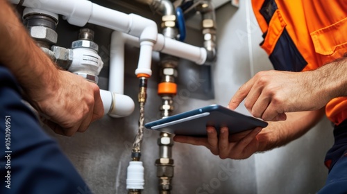 Wallpaper Mural Two men are working on a pipe, one of them is holding a tablet Torontodigital.ca