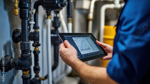 A man is holding a tablet and looking at a pipe