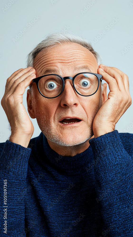 Surprised older man in glasses expresses astonishment and shock in a studio setting Surprised older man in glasses expresses astonishment and shock in a studio setting