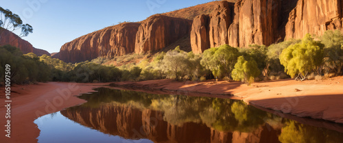 A breathtaking desert oasis, Ormiston Gorge, Northern Territory, Australia, stands amidst the rust-red sandstone cliffs. photo