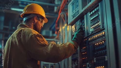 A man in a yellow jacket is working on a control panel