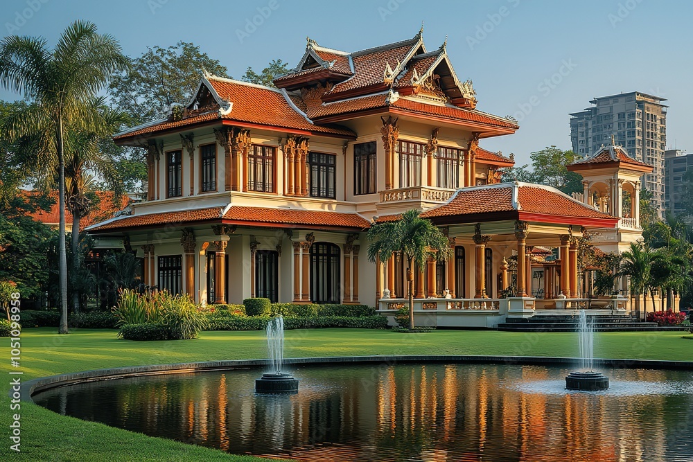 A breathtaking Thai-style mansion at sunset, with fountains and a serene pond.