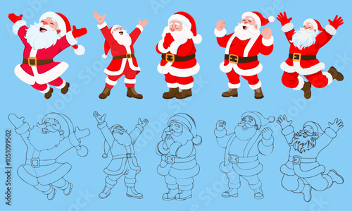 A group of Santa Clauses expresses joy by jumping, raising their hands, and praying. Flat illustration and line art. Vector illustration eps10