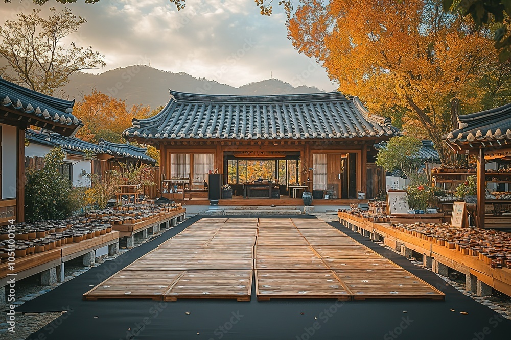 A serene traditional courtyard adorned with autumn hues. A serene traditional courtyard adorned with autumn hues.