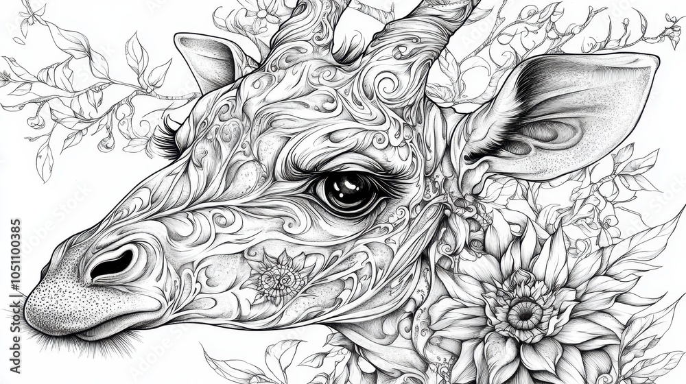 Naklejka premium Intricate Black and White Illustration of a Giraffe with Floral and Swirling Patterns in Detailed Artistic Design