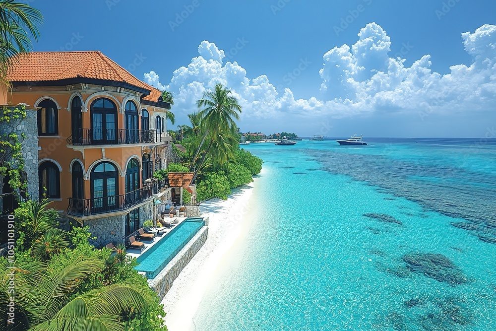 Obraz premium Luxurious beachfront villa with an infinity pool overlooking a tropical paradise.
