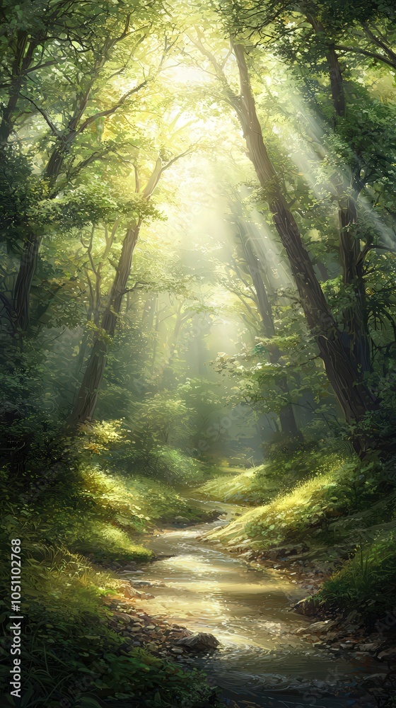 Obraz premium Serene Forest Stream Illuminated by Sunbeams in Lush Greenery