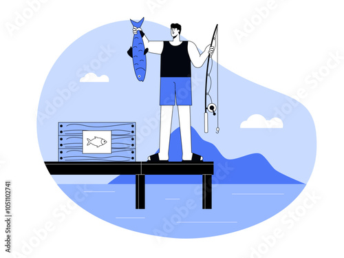 Boy catching fish. Fishing illustration. Flat vector illustration.