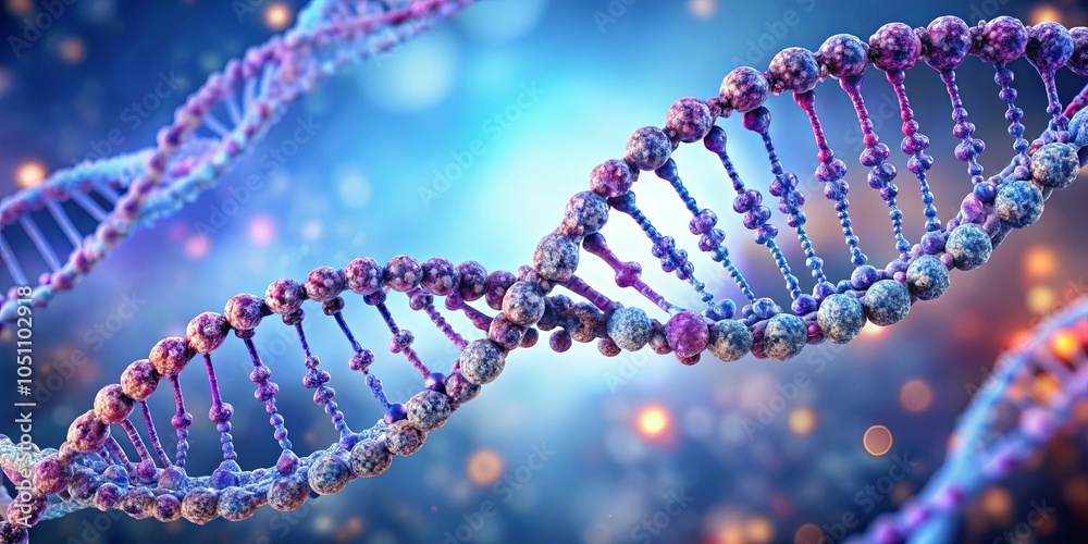 The intricate double helix of a DNA molecule, showcasing the building blocks of life in vibrant hues of purple and blue, against a backdrop of soft, shimmering lights. The intricate double helix of a DNA molecule, showcasing the building blocks of life in vibrant hues of purple and blue, against a backdrop of soft, shimmering lights.