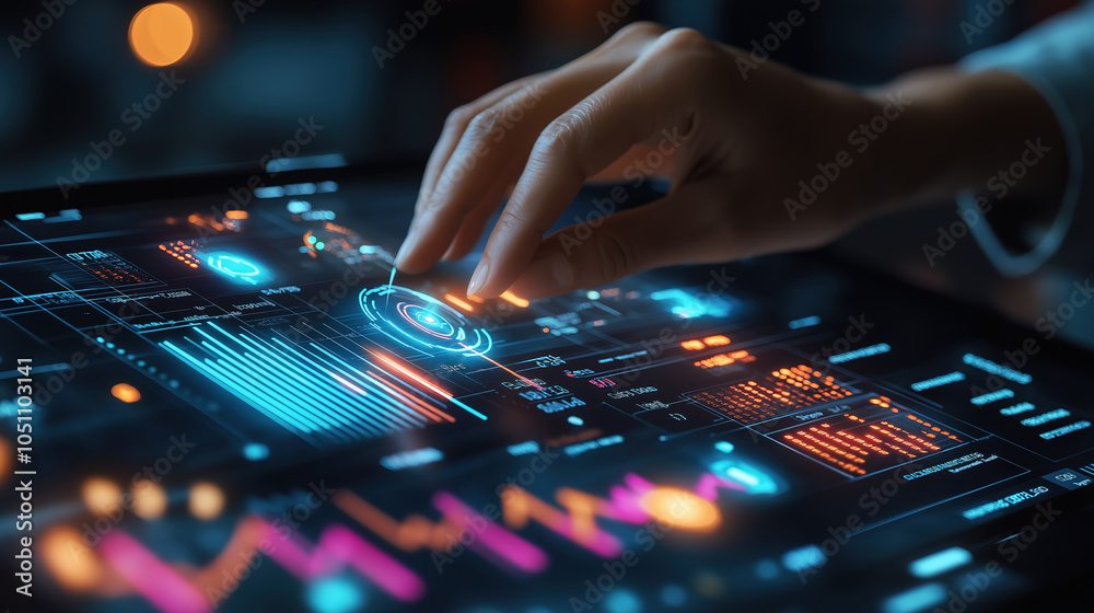 Fototapeta premium Investment Consultant Analyzing Company Financial Reports Using Augmented Reality