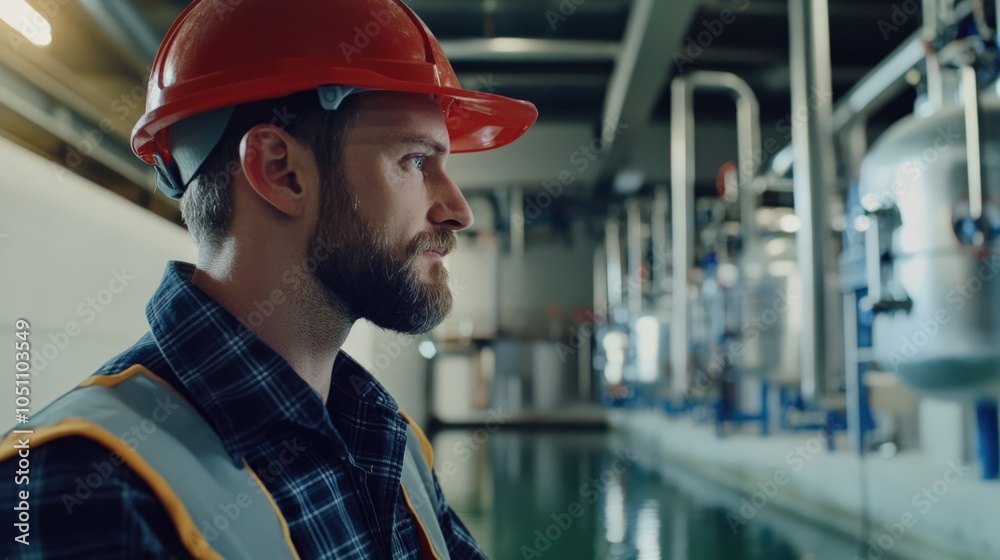 A man in a hard hat and safety vest is looking at something in a factory A man in a hard hat and safety vest is looking at something in a factory