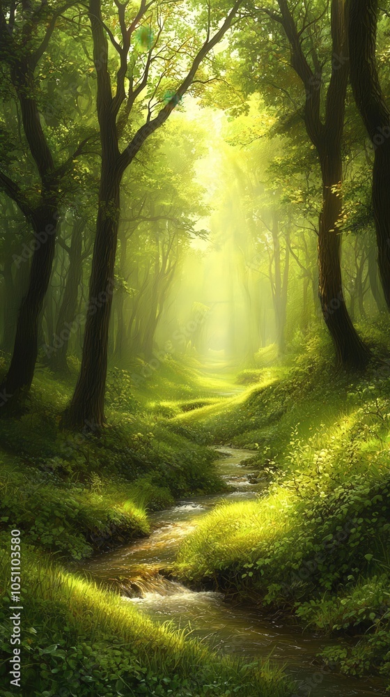 Obraz premium Tranquil Forest Stream Bathed in Ethereal Light Amidst Lush Greenery and Vibrant Nature