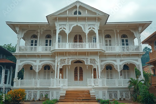 A grand white Victorian-style home with intricate fretwork and balconies.