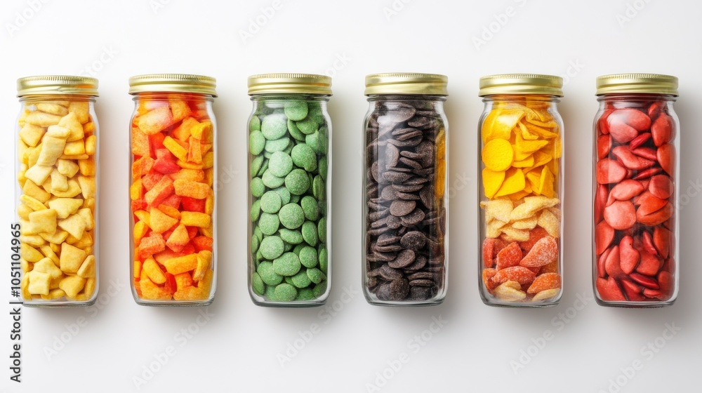 Colorful Snacks in Glass Jars on White Background Colorful Snacks in Glass Jars on White Background