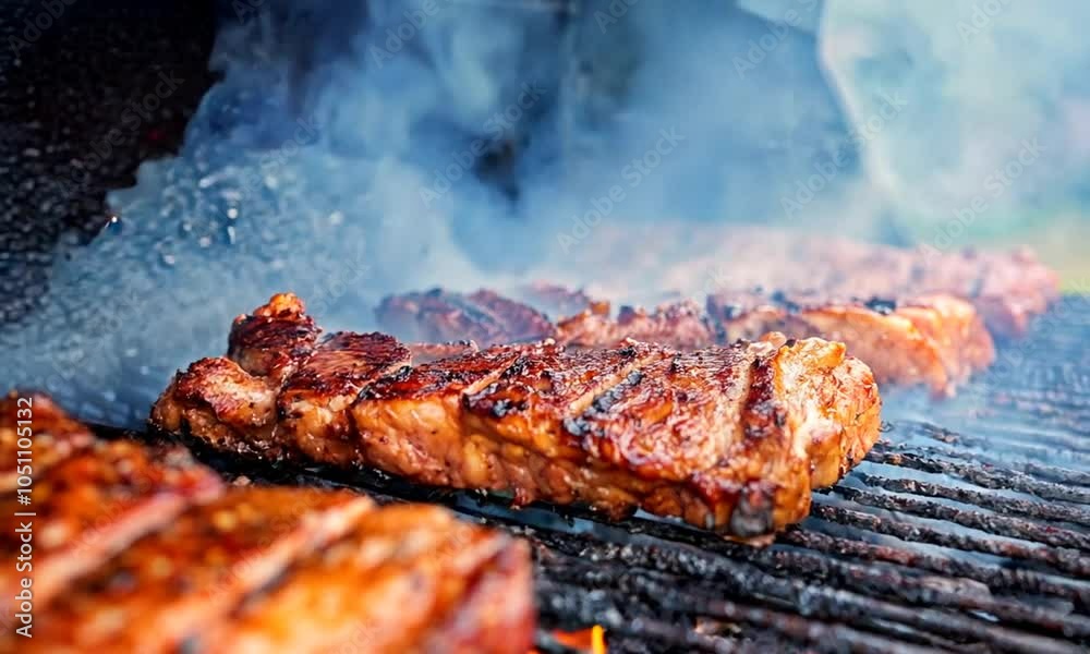 Grilled steaks sizzling on a barbecue, showcasing a delicious outdoor cooking experience.