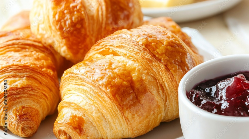 Delicious Croissants with Butter and Jam on White Background Delicious Croissants with Butter and Jam on White Background