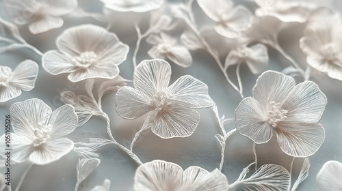 Floral Lace Fabric Texture: Delicate off-white 3D flowers embroidered on a sheer mesh background. Perfect for wedding gowns, bridal accessories, and fashion design inspiration.