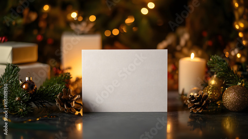 Mockup. Elegant, simple, christmas card Lying on a table, 4x6 white blank card lying on a table. High quality professional photography photo