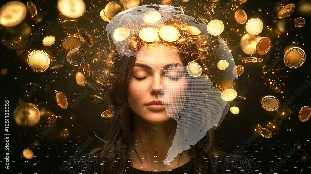 Futuristic depiction of a woman visualizing wealth and knowledge Futuristic depiction of a woman visualizing wealth and knowledge