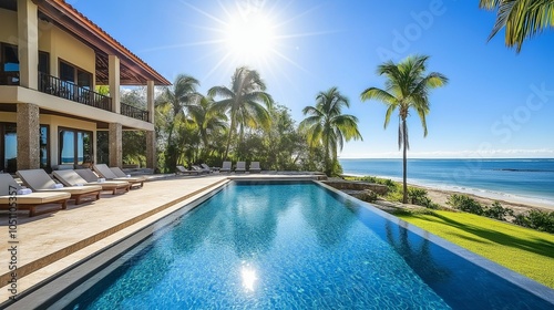 Beachfront Oasis: A luxurious villa with a sparkling infinity pool overlooking the turquoise waters of the ocean. Palm trees sway gently in the tropical breeze, creating a serene and idyllic getaway.