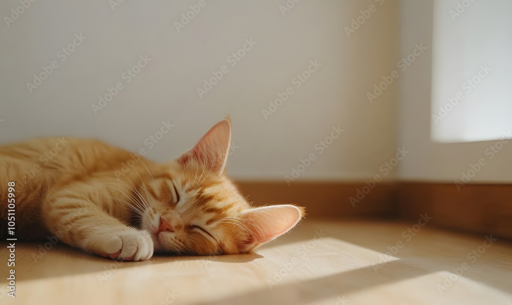 Naklejka premium Cute cat napping on the floor, Generative AI