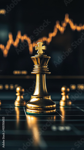 Luxury Golden King Chess Piece in Front of Stock Market Trading Charts, Black Background, Strategic Investment Concept photo